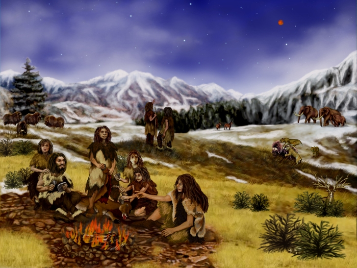 This image shows a family of Neanderthals. The Neanderthals lived in the Northern and Western areas of Eurasia, during the Pleistocene epoch, in the time of the last Ice Age. Neanderthals looked very similar to modern humans. They had slightly more pronounced foreheads, wider noses and larger jaws. They were short and stocky, robust people. The Neanderthals were hunter-gatherers. They created stone tools and weapons, wore garments made of leather and fur. They wore ornamental jewelry and buried their dead ceremonially. Neanderthal also used fire. They lived in Plains, Forest and Mountain areas. Plant foods were only eaten seasonally, so up to 90% of their diet was meat. 